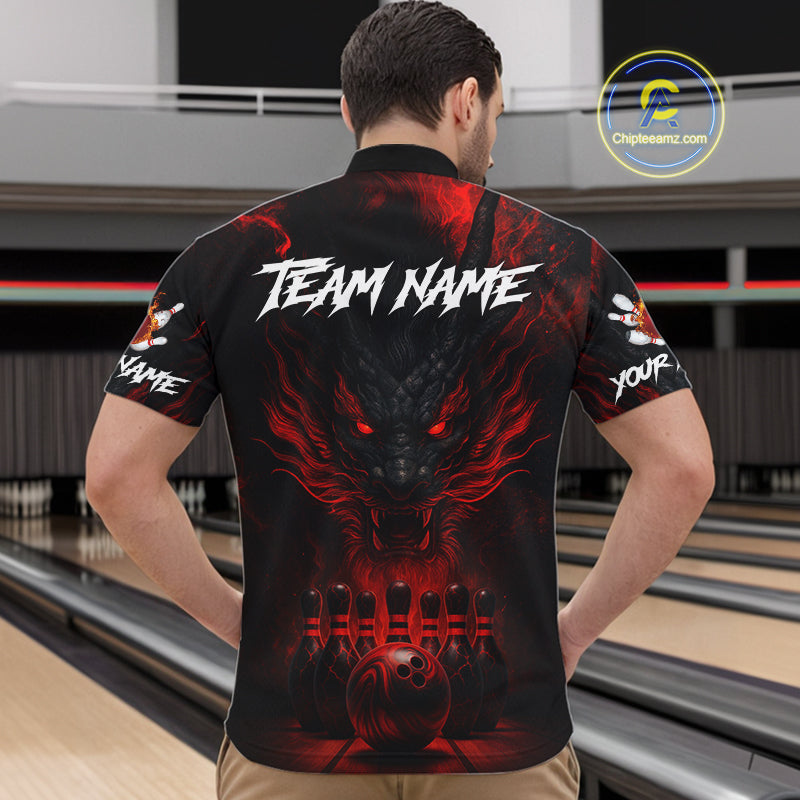 Black And Red Dragon Bowling Shirts For Men Custom Dragon Bowling League Shirts Outfits NQS10948