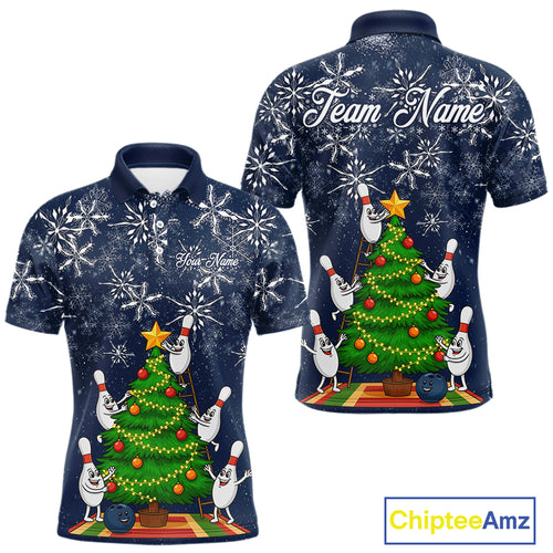 Funny Christmas Tree snowflake Bowling shirts for men Custom Xmas Bowling Outfits Men | Navy NQS10951