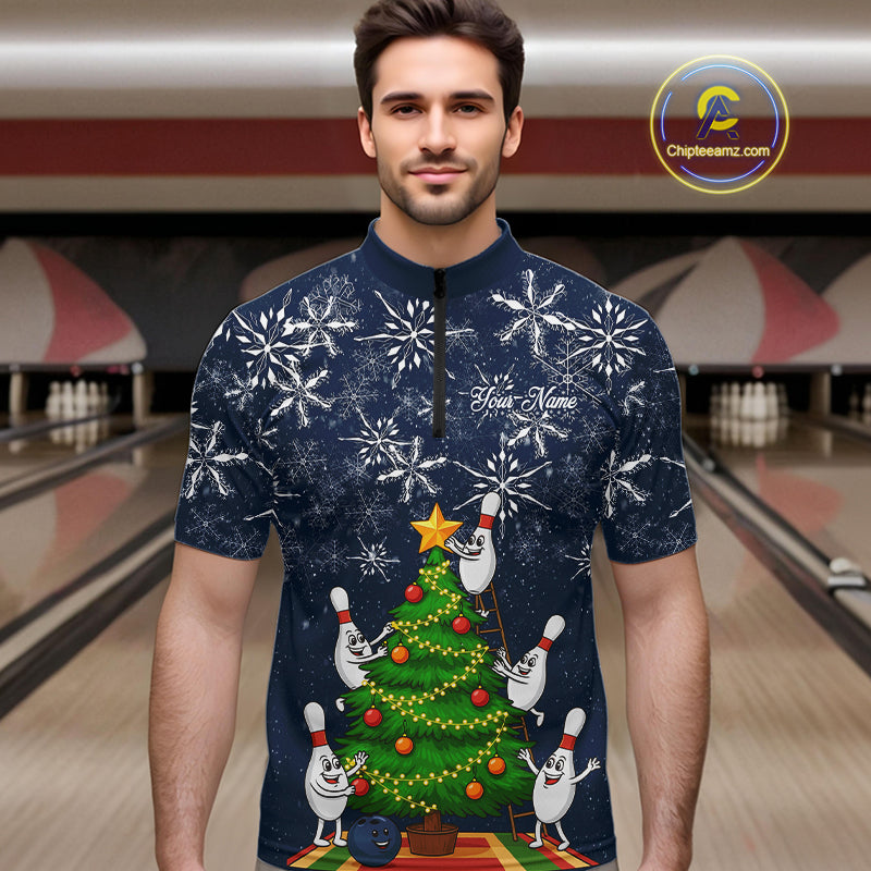 Funny Christmas Tree snowflake Bowling shirts for men Custom Xmas Bowling Outfits Men | Navy NQS10951