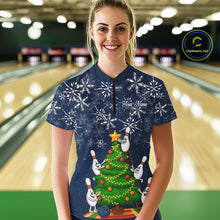 Load image into Gallery viewer, Funny Christmas Tree snowflake Bowling shirts for Women Custom Xmas Bowling outfits for women | Navy NQS10951