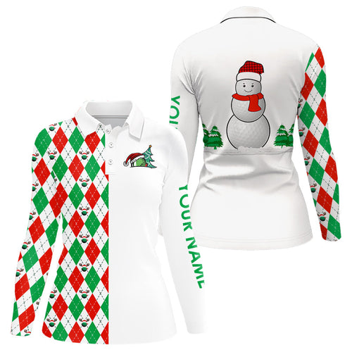 Christmas Womens golf polo Shirts custom red, white, green argyle pattern snowman golf ball Xmas gifts NQS9040