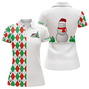 Christmas Womens golf polo Shirts custom red, white, green argyle pattern snowman golf ball Xmas gifts NQS9040