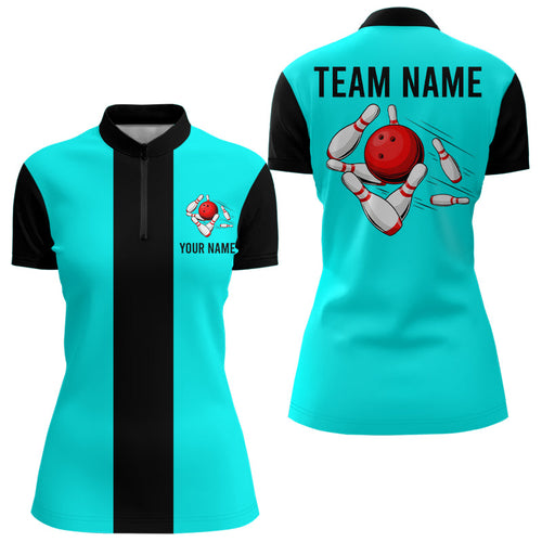 Personalized Cyan Blue and Black Retro Bowling Shirts For Women custom vintage bowling team jerseys NQS9046