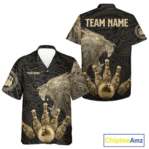 Black and Gold Lion Tribal Bowling Hawaiian Shirt Custom Retro Bowling Team Jerseys NQS11149