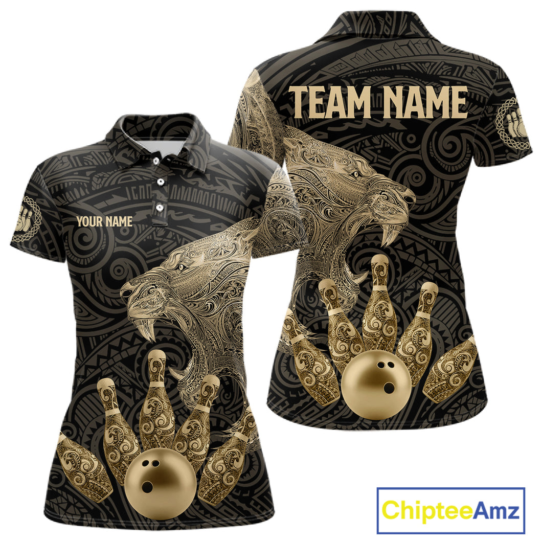 Black and Gold Lion Tribal Bowling Polo, 1/4 Zip Shirts For Women Custom Retro Bowling Team Jerseys NQS11149