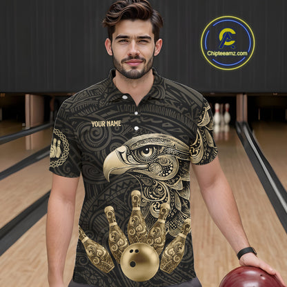 Black and Gold Eagle Tribal Bowling Polo, 1/4 Zip Shirts For Men Custom Retro Bowling Team Jerseys NQS11150