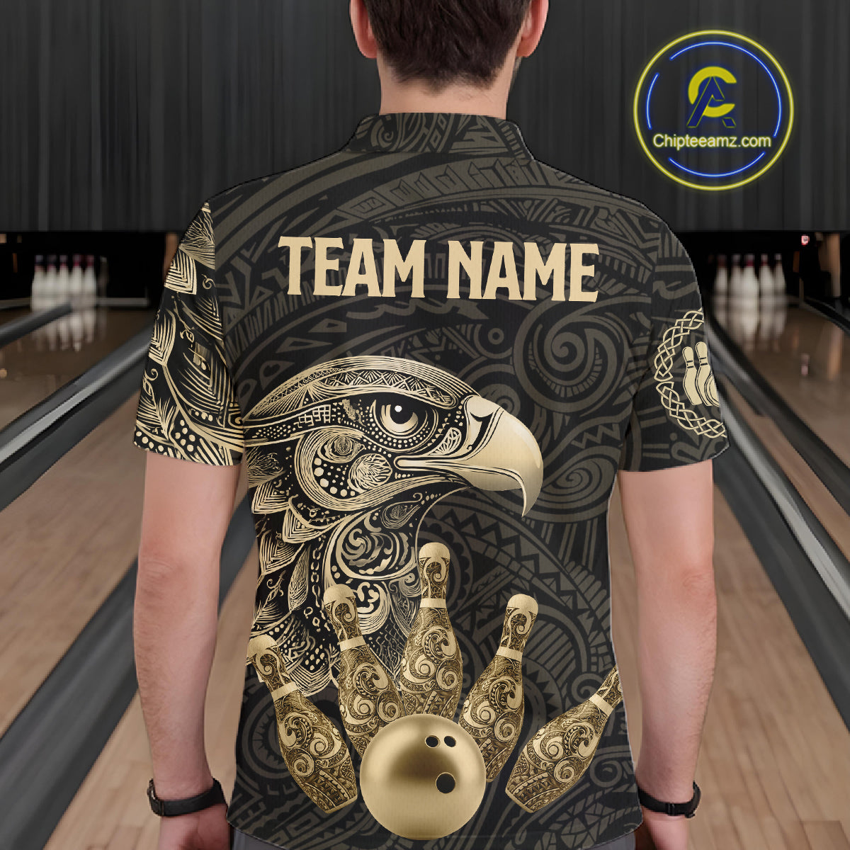 Black and Gold Eagle Tribal Bowling Polo, 1/4 Zip Shirts For Men Custom Retro Bowling Team Jerseys NQS11150