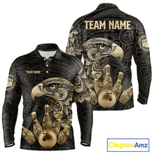 Load image into Gallery viewer, Black and Gold Eagle Tribal Bowling Polo, 1/4 Zip Shirts For Men Custom Retro Bowling Team Jerseys NQS11150