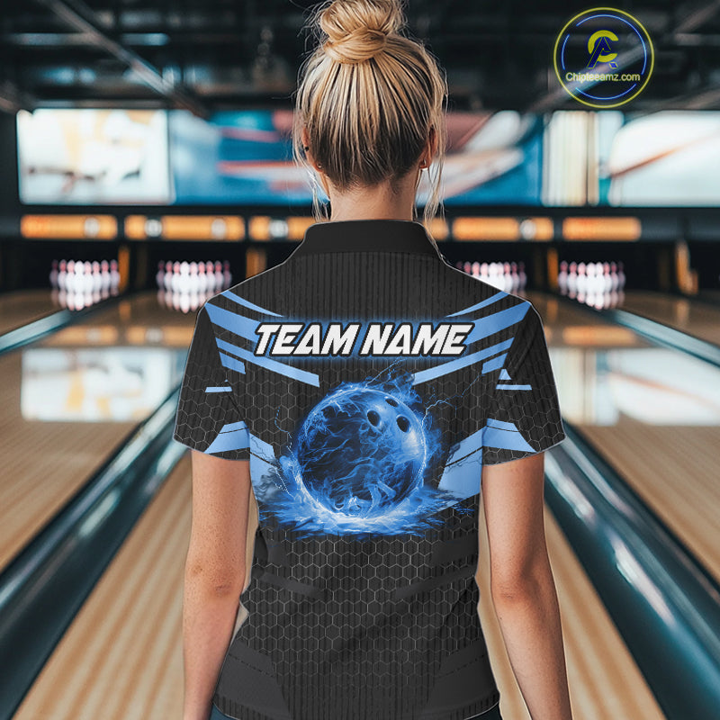 Black and Blue Lightning Thunder Bowling Shirts For Women Custom Bowling Team Jersey, Gift For Bowler NQS11140