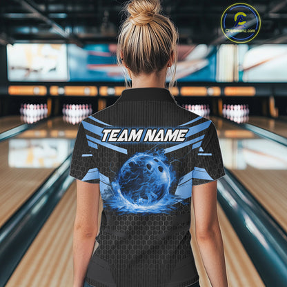 Black and Blue Lightning Thunder Bowling Shirts For Women Custom Bowling Team Jersey, Gift For Bowler NQS11140