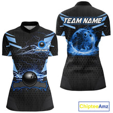 Load image into Gallery viewer, Black and Blue Lightning Thunder Bowling Shirts For Women Custom Bowling Team Jersey, Gift For Bowler NQS11140