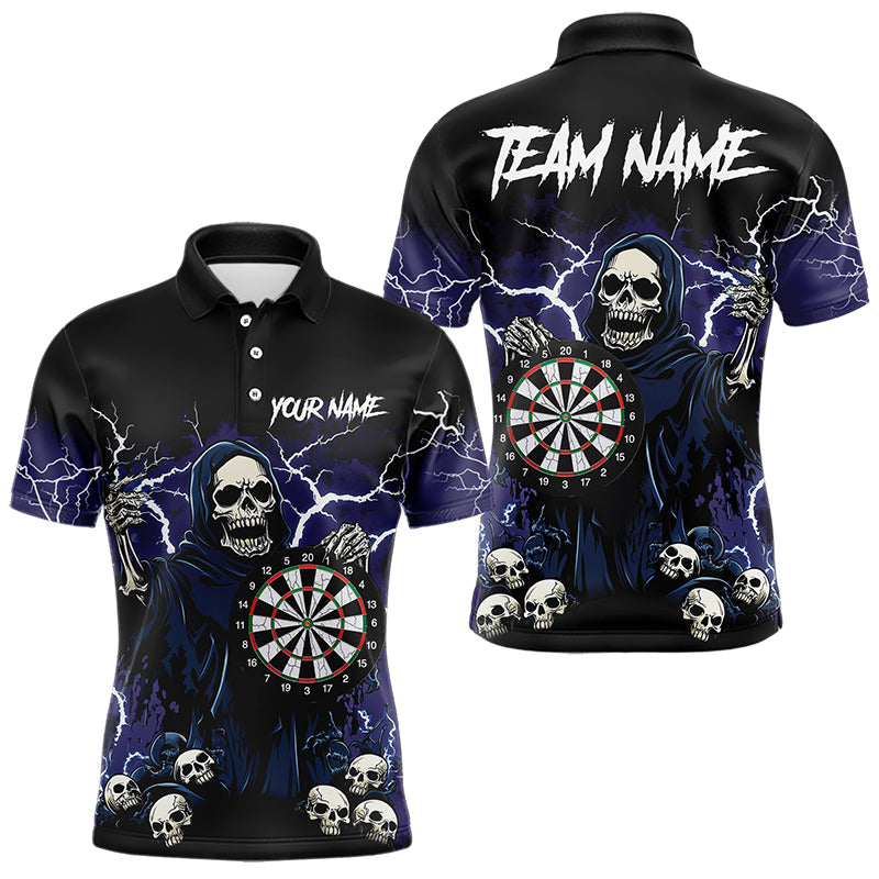 Purple Lightning Thunder Skull Darts Polo, Quarter zip Shirts For Men Custom Team Darts Jersey Outfit NQS9446