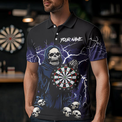 Purple Lightning Thunder Skull Darts Polo, Quarter zip Shirts For Men Custom Team Darts Jersey Outfit NQS9446