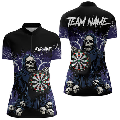Purple Lightning Thunder Skull Darts Polo, Quarter zip Shirt For Women Custom Team Darts Jersey Outfit NQS9446