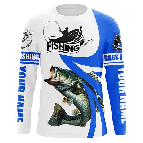 Largemouth bass fishing Custom Name sun protection long sleeve fishing shirts for men, women | Blue NQS3268