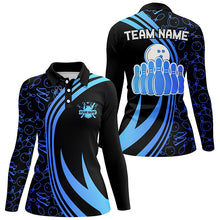 Load image into Gallery viewer, Black Women bowling shirts Custom Blue neon team league bowling jerseys, gifts for bowlers NQS7537