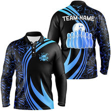Load image into Gallery viewer, Black Mens bowling shirts Custom Blue neon team league bowling jerseys, gifts for bowlers NQS7537