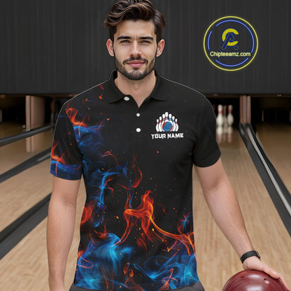Blue and Orange Flame Bowling Polo, Quarter Zip Shirts for Men Custom Team bowling outfit uniform NQS10026