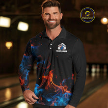 Load image into Gallery viewer, Blue and Orange Flame Bowling Polo, Quarter Zip Shirts for Men Custom Team bowling outfit uniform NQS10026