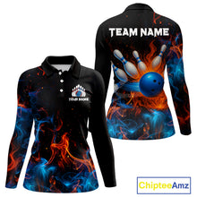 Load image into Gallery viewer, Blue and Orange Flame Bowling Polo, Quarter Zip Shirts for Women Custom Team bowling outfit uniform NQS10026