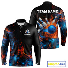 Load image into Gallery viewer, Blue and Orange Flame Bowling Polo, Quarter Zip Shirts for Men Custom Team bowling outfit uniform NQS10026