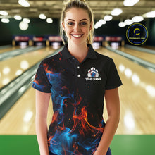 Load image into Gallery viewer, Blue and Orange Flame Bowling Polo, Quarter Zip Shirts for Women Custom Team bowling outfit uniform NQS10026
