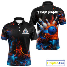 Load image into Gallery viewer, Blue and Orange Flame Bowling Polo, Quarter Zip Shirts for Men Custom Team bowling outfit uniform NQS10026