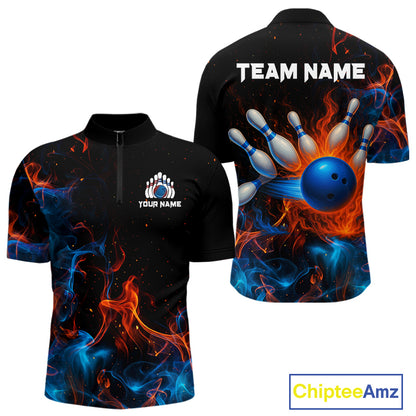Blue and Orange Flame Bowling Polo, Quarter Zip Shirts for Men Custom Team bowling outfit uniform NQS10026