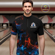 Load image into Gallery viewer, Blue and Orange Flame Bowling Polo, Quarter Zip Shirts for Men Custom Team bowling outfit uniform NQS10026