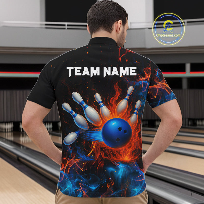 Blue and Orange Flame Bowling Polo, Quarter Zip Shirts for Men Custom Team bowling outfit uniform NQS10026