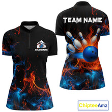 Load image into Gallery viewer, Blue and Orange Flame Bowling Polo, Quarter Zip Shirts for Women Custom Team bowling outfit uniform NQS10026