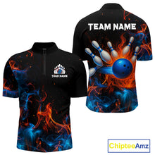 Load image into Gallery viewer, Blue and Orange Flame Bowling Polo, Quarter Zip Shirts for Men Custom Team bowling outfit uniform NQS10026