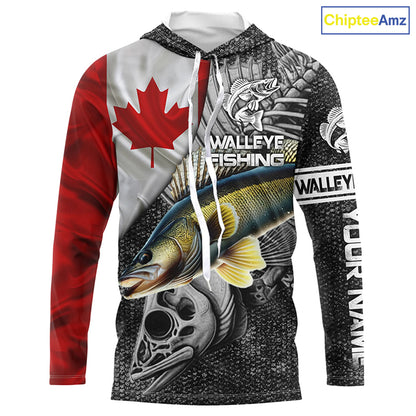 Canadian Flag Walleye Fishing Custom long sleeve performance Fishing Shirts, Walleye Fishing jerseys NQS3530