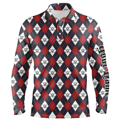 Mens golf polo shirt argyle plaid pattern golf skull custom name team mens golf tops, golfing gifts NQS6021