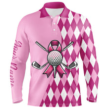 Load image into Gallery viewer, Mens golf polo shirts custom pink argyle pattern Breast Cancer awareness golf apparel for men NQS8128