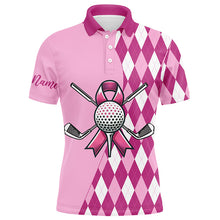 Load image into Gallery viewer, Mens golf polo shirts custom pink argyle pattern Breast Cancer awareness golf apparel for men NQS8128