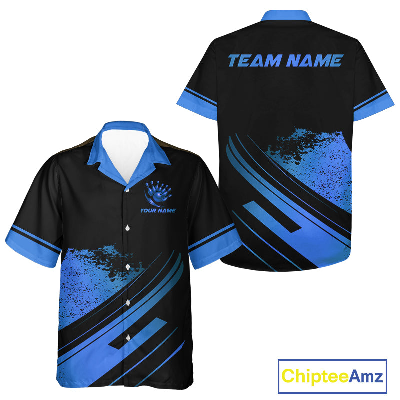 Custom Black And Blue Bowling Team Hawaiian shirt, Personalized Bowling Button up shirt NQS10539
