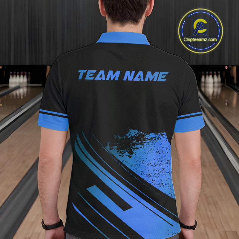 Custom Black And Blue Bowling Team Polo, Quarter-Zip Shirts For Men, Personalized Bowling Jerseys NQS10539