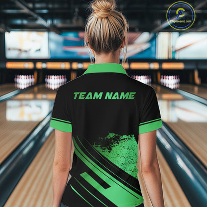 Custom Black And Green Bowling Team Polo, Quarter-Zip Shirts For Women, Personalized Bowling Jerseys NQS10540