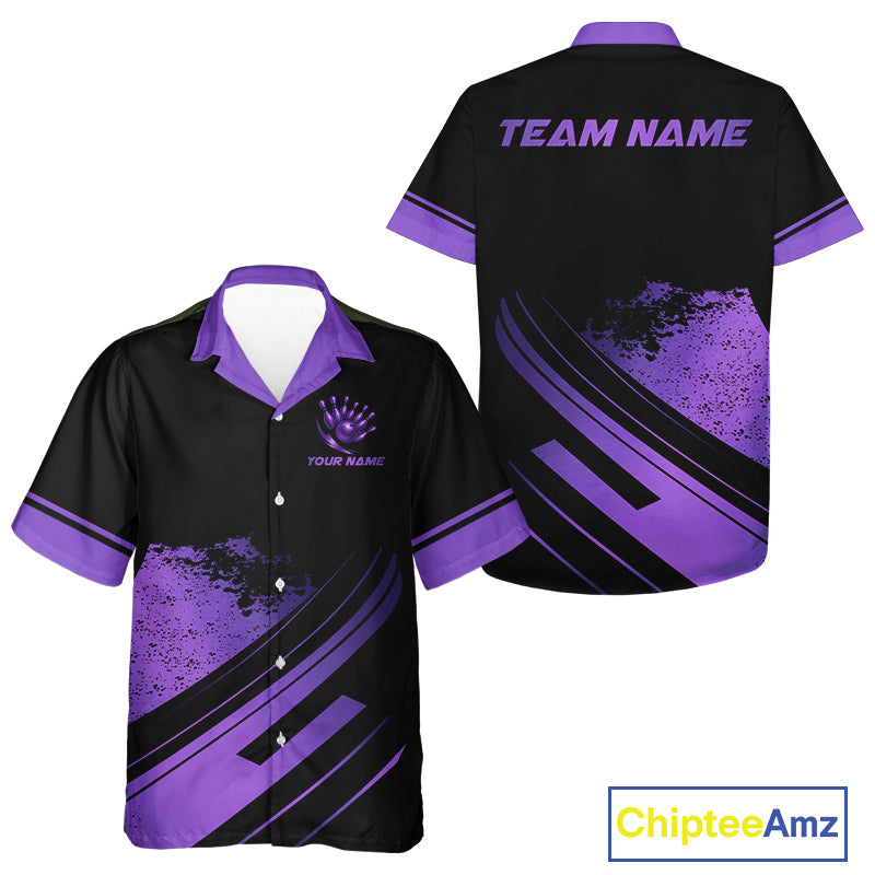 Custom Black And Purple Bowling Team Hawaiian shirt, Personalized Bowling Button up shirt NQS10541