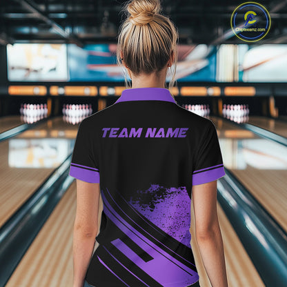 Custom Black And Purple Bowling Team Polo, Quarter-Zip Shirts For Women, Personalized Bowling Jerseys NQS10541