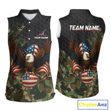 Load image into Gallery viewer, Black &amp; Green Camo American Flag Eagle Womens sleeveless polo shirt Custom Patriotic Team Golf Jersey NQS10953