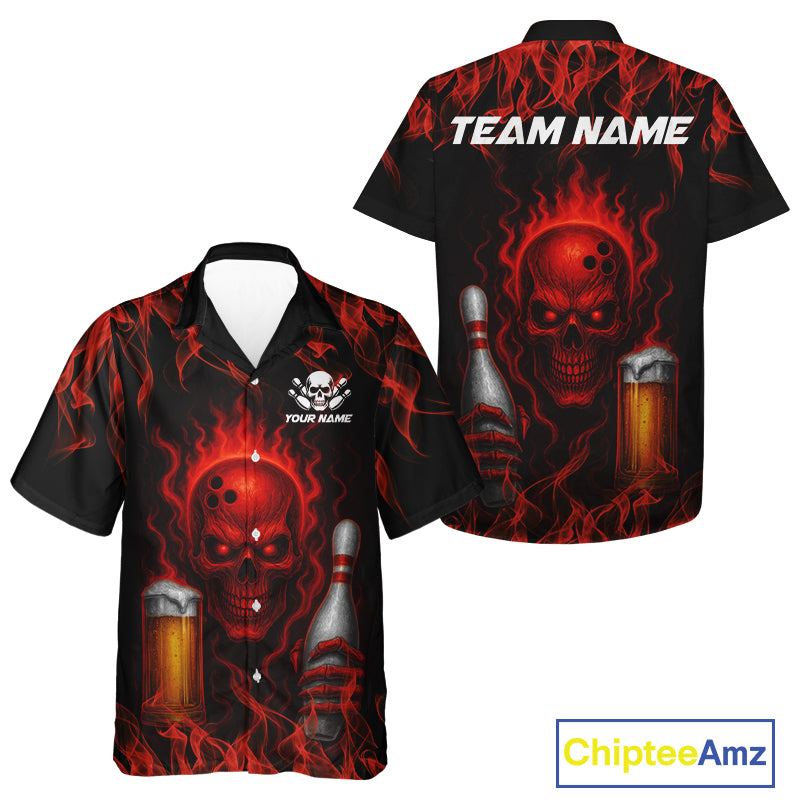 Red Skull and Beer Bowling shirts with flames Custom Hawaiian bowling jersey bowling outfits NQS10955