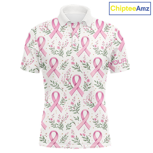 Pink ribbons floral pattern Breast Cancer golf polo shirts for men Custom team golf attire for men NQS11551
