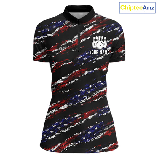 Black American Flag pattern bowling shirt for Women custom patriotic jersey team ladies bowling gifts NQS11552