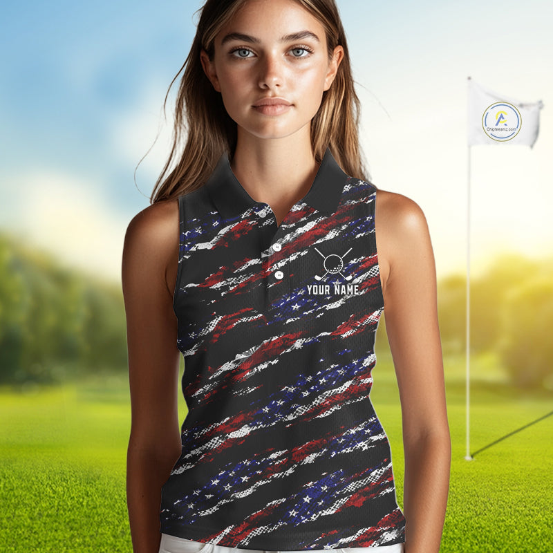 Black American Flag pattern Sleeveless Golf Polo shirts for Women custom ladies patriotic golf shirts NQS11553