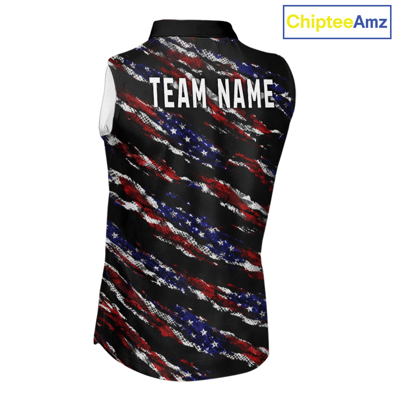 Black American Flag pattern Sleeveless Golf Polo shirts for Women custom ladies patriotic golf shirts NQS11553