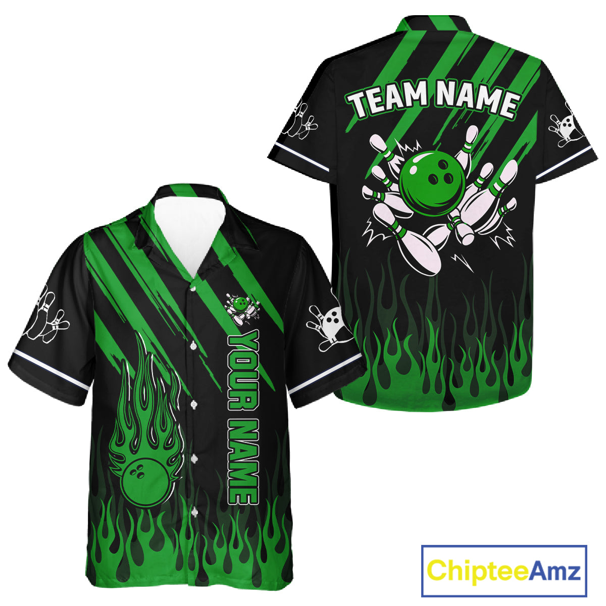 Black and Green Flame Retro Bowling Button-up Shirt Custom Vintage Team Hawaiian Bowling Jersey NQS11677