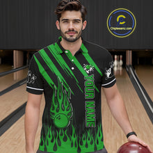 Load image into Gallery viewer, Black and Green Flame Retro Bowling Polo, 1/4 Zip Shirt for Men Custom Vintage Team Bowling Jersey NQS11677