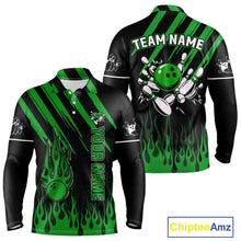 Load image into Gallery viewer, Black and Green Flame Retro Bowling Polo, 1/4 Zip Shirt for Men Custom Vintage Team Bowling Jersey NQS11677
